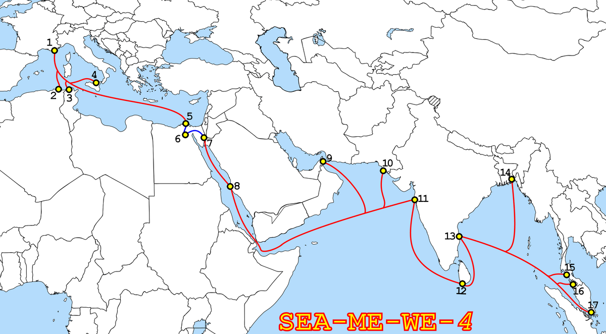  La route du câble sous-marin de télécommunication numérique SEA-ME-WE-2, nom signifiant « Asie du Sud-Est - Moyen-Orient - Europe de l'Ouest ». © Furfur /Wikipedia