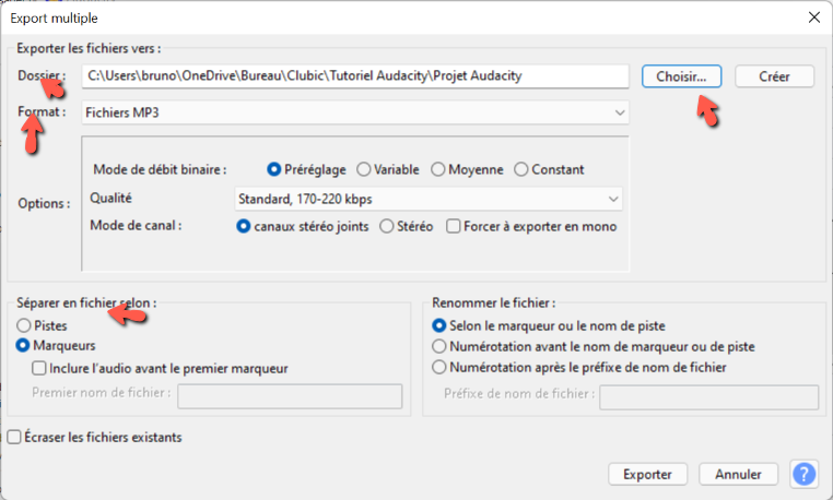 Audacity Export comment diviser un enregistrement en pistes