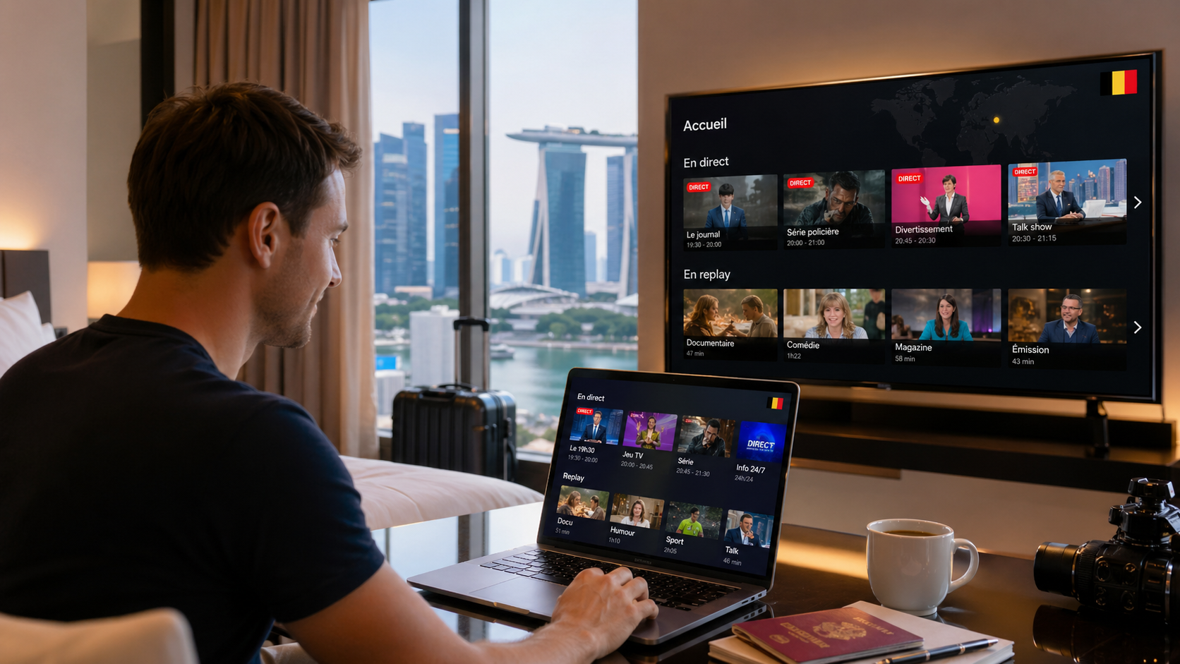 Regarder la RTBF depuis l’étranger dépend des droits de diffusion : certains contenus restent accessibles, d’autres peuvent être bloqués selon le pays - © Axel Reghis | Image générée par IA