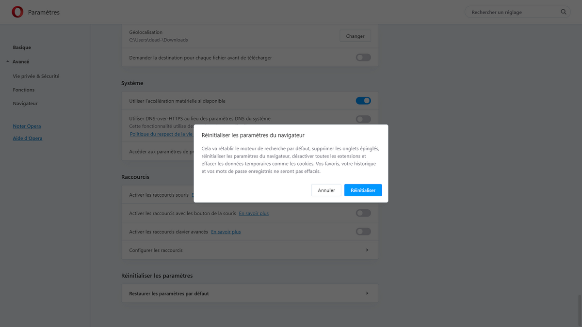 Réinitialiser Opera est parfois nécessaire pour assurer un fonctionnement optimal.