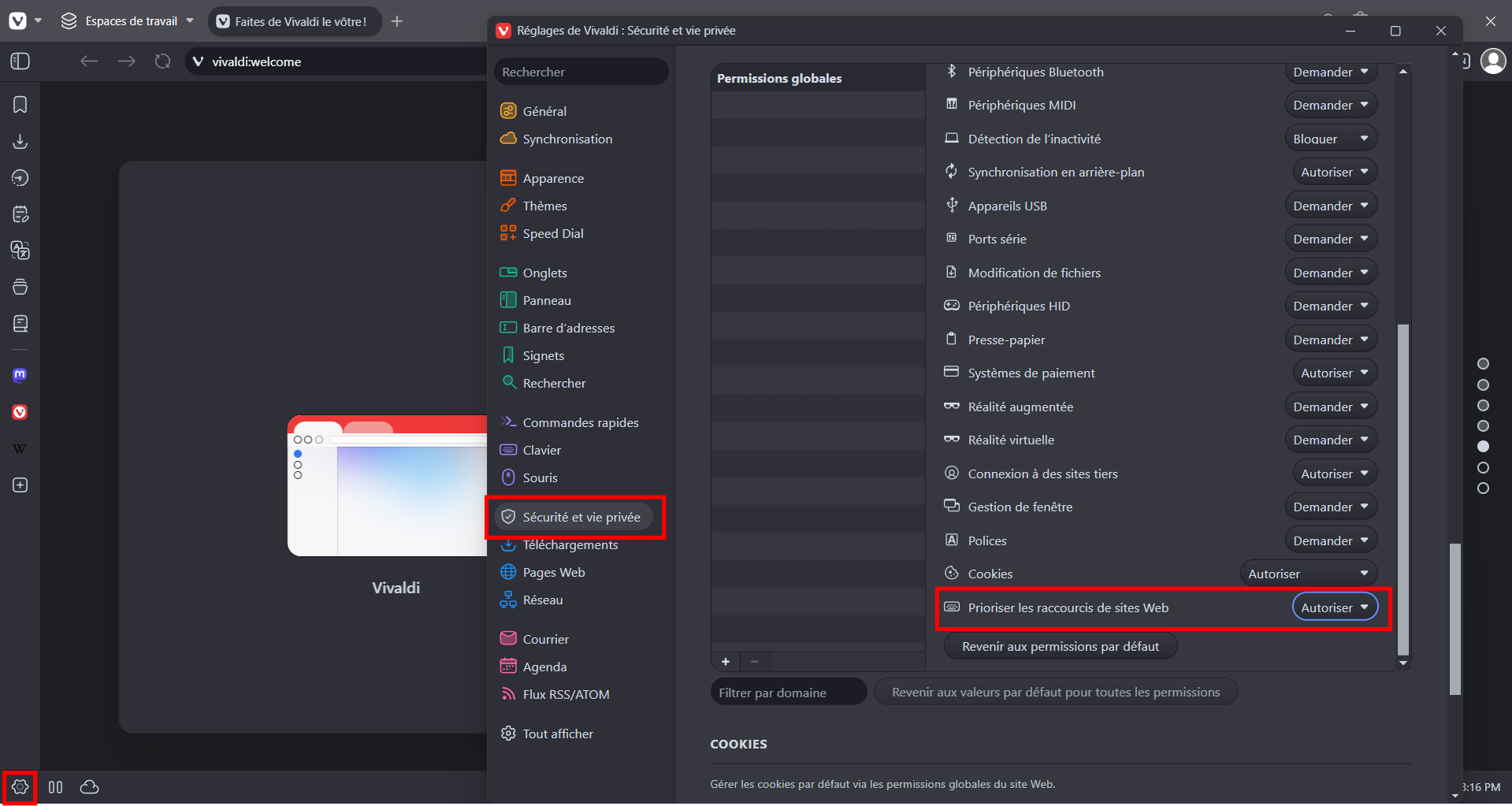 Vivaldi 7.4 vous permet de déterminer les raccoucis clavier à prendre en charge site par site. © Clubic