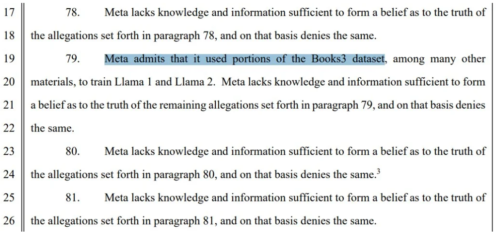   Aveu de Meta à un tribunal fédéral de Californie. L'entreprise "avoir utilisé des extraits de la base de données Books3 pour l'entraînement de son modèle d'IA Llama © Capture d'écran / Meta