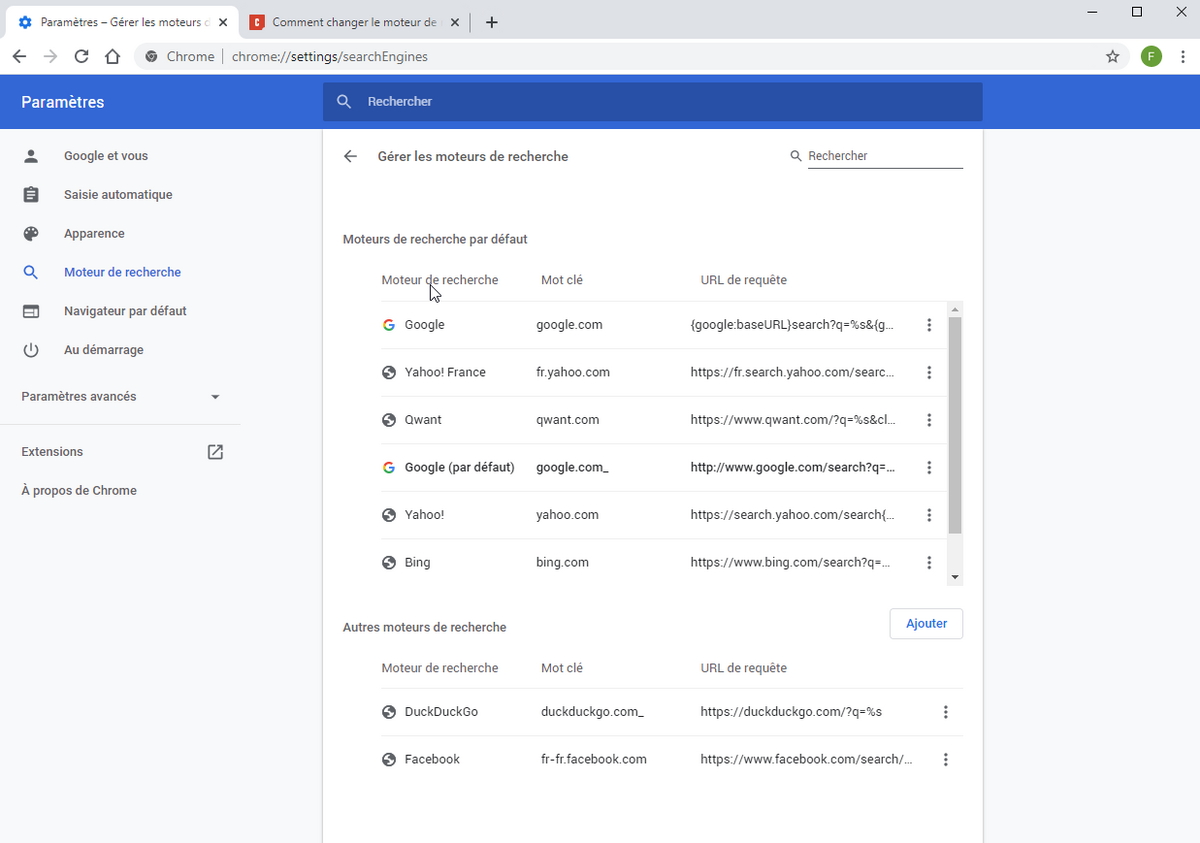 Gestion des moteurs de recherche de Chrome