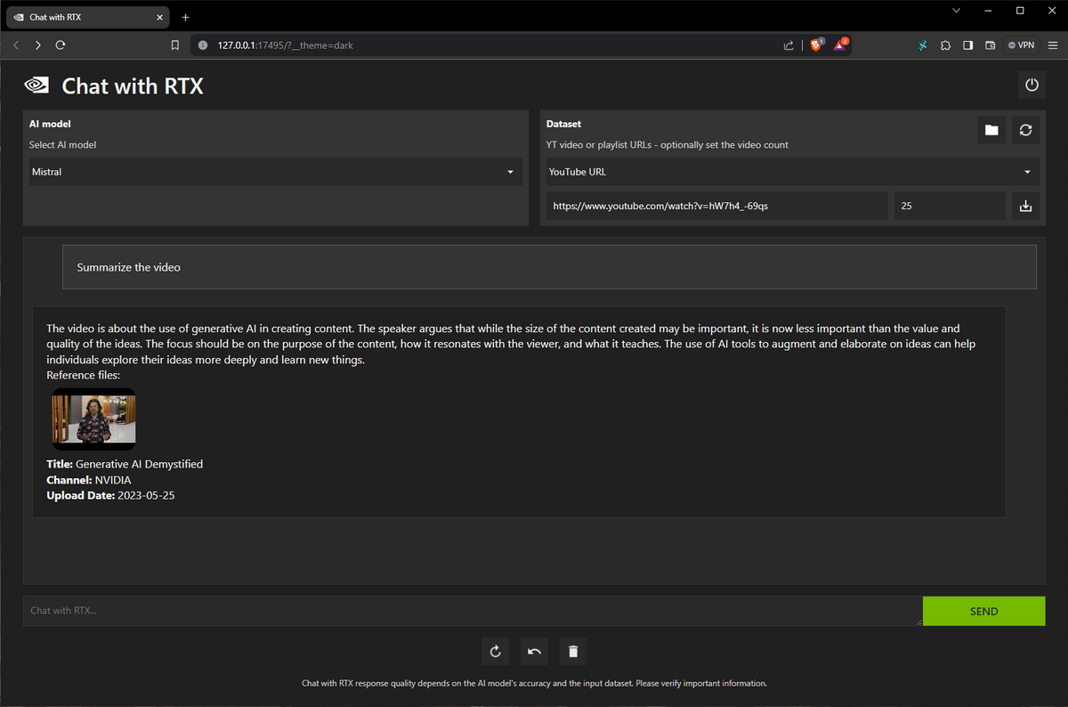 Chat with RTX s'appuie sur la transcription Youtube des vidéos © Nerces pour Clubic