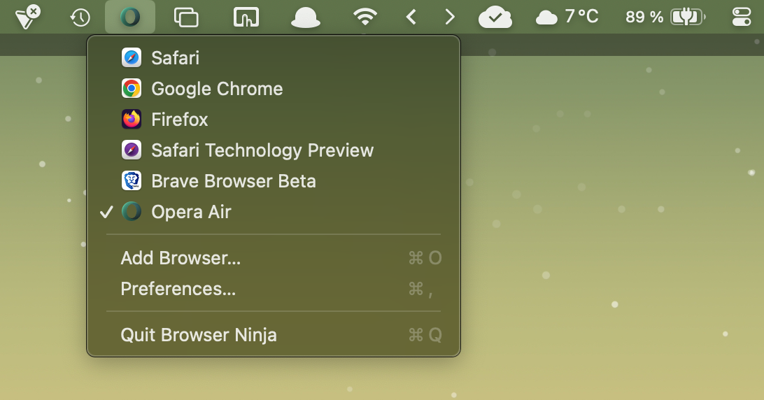 Browser Ninja - le menu pour changer simplement de navigateur par défaut