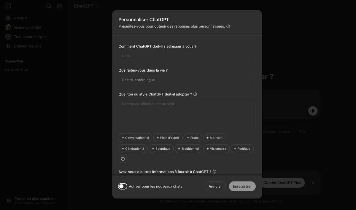 Vous pouvez paramétrer ChatGPT afin qu'il réponde mieux à vos attentes © OpenAI