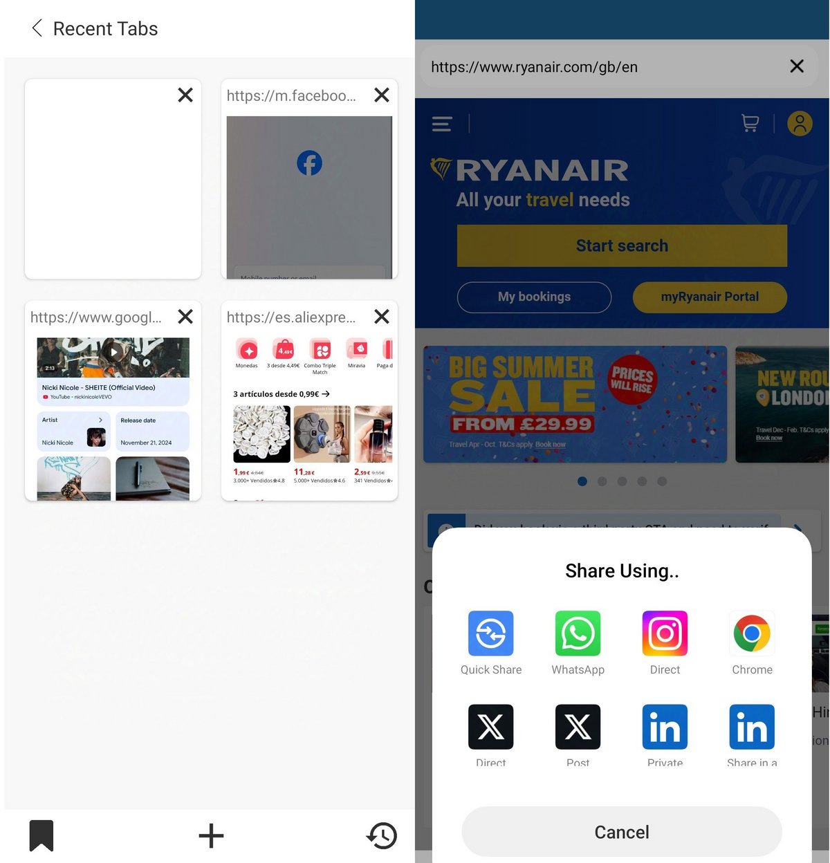 Vue des onglets récents et options de partage rapide de la plateforme. - © Cac Browser