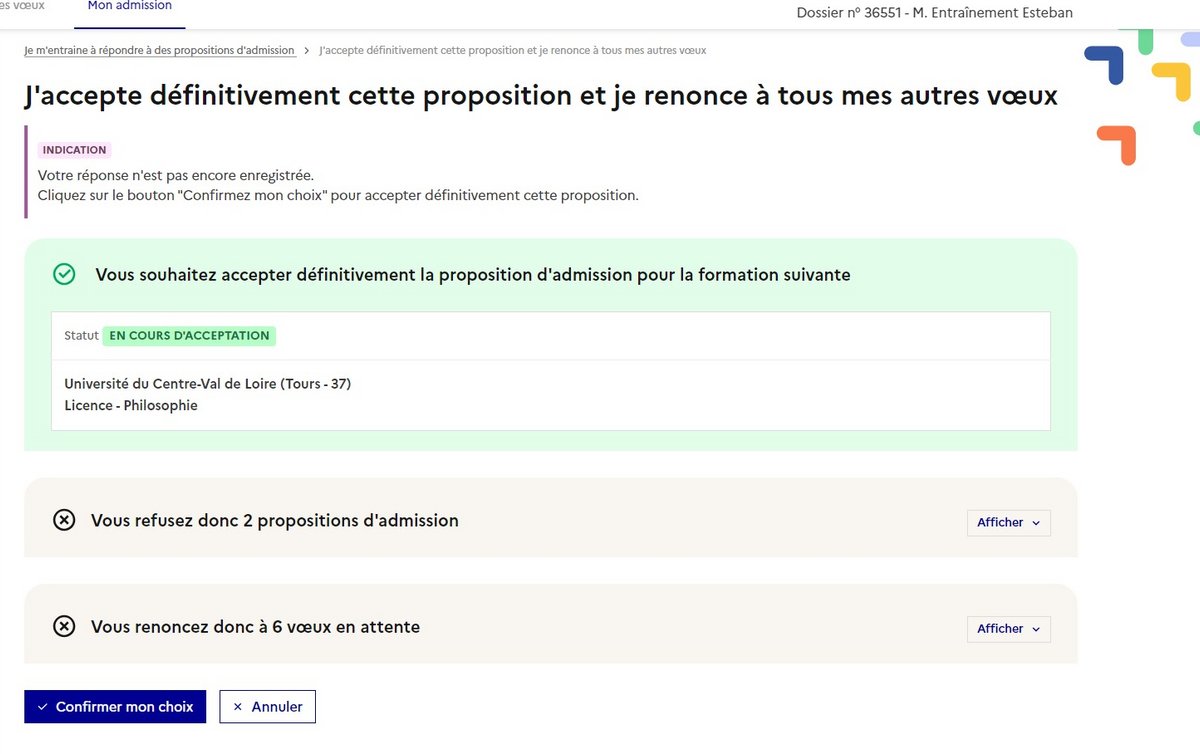 La page qui affiche la proposition acceptée et le choix à faire sur les vœux que le candidat souhaite conserver © Capture d'écran Clubic