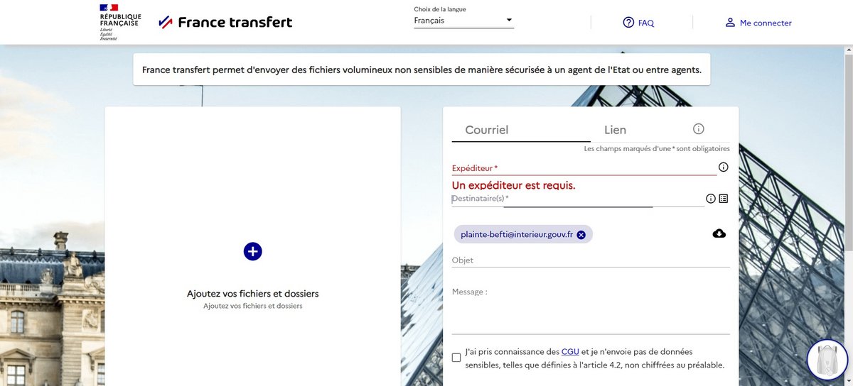 Capture d'écran de la plateforme France Transfert © Clubic