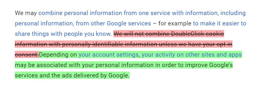 L'élargissement de la collecte des données hors-Google par la firme américaine est très facilement identifiable sur le texte avant/après la décision du 28 juin 2016, que l'on a pu retrouver sur le site des règles de confidentialité et conditions d'utilisation de Google (Capture d'écran par Clubic)