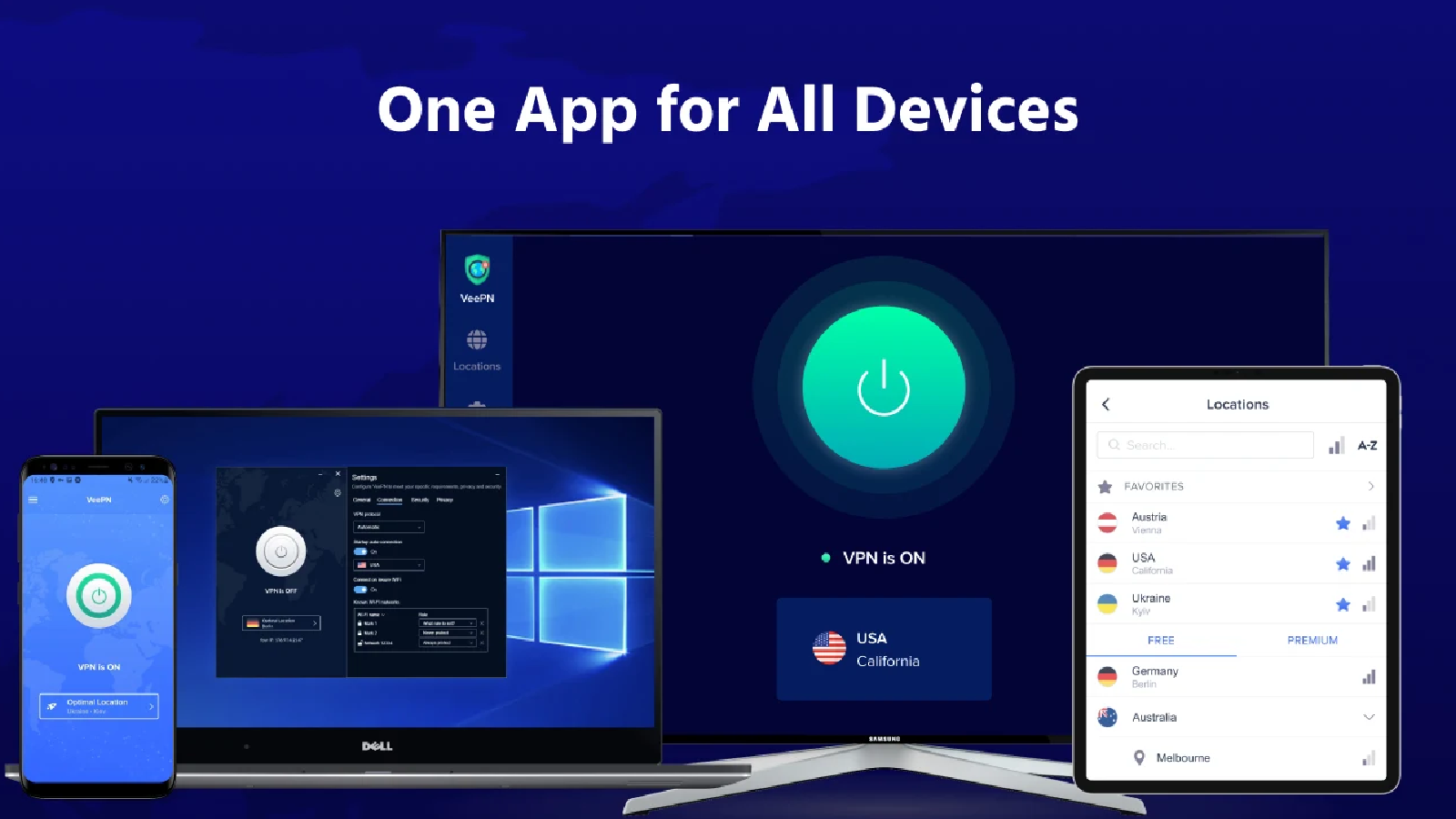 VeePN protège plusieurs appareils avec une seule application, disponible sur ordinateur, smartphone et tablette. L'interface donne notamment accès aux emplacements des serveurs VPN et aux paramètres de connexion. © VeePN Corp.