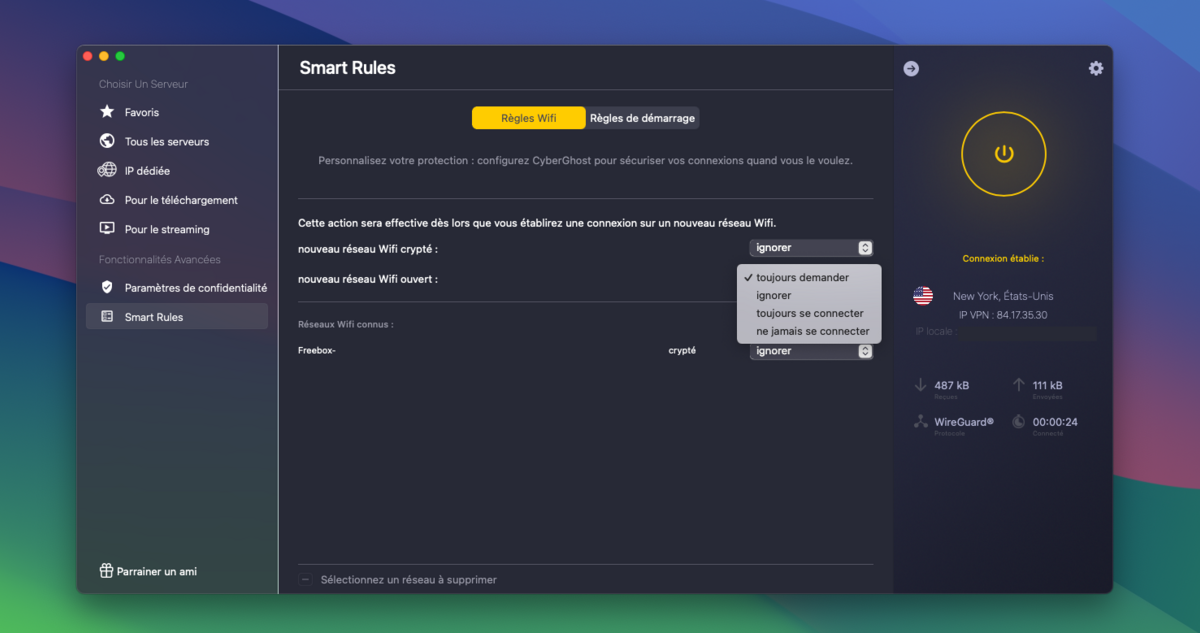 Pour éviter les mauvaises surprise, CyberGhost propose une option de connexion automatique aux réseaux Wi-Fi inconnus. © Clubic