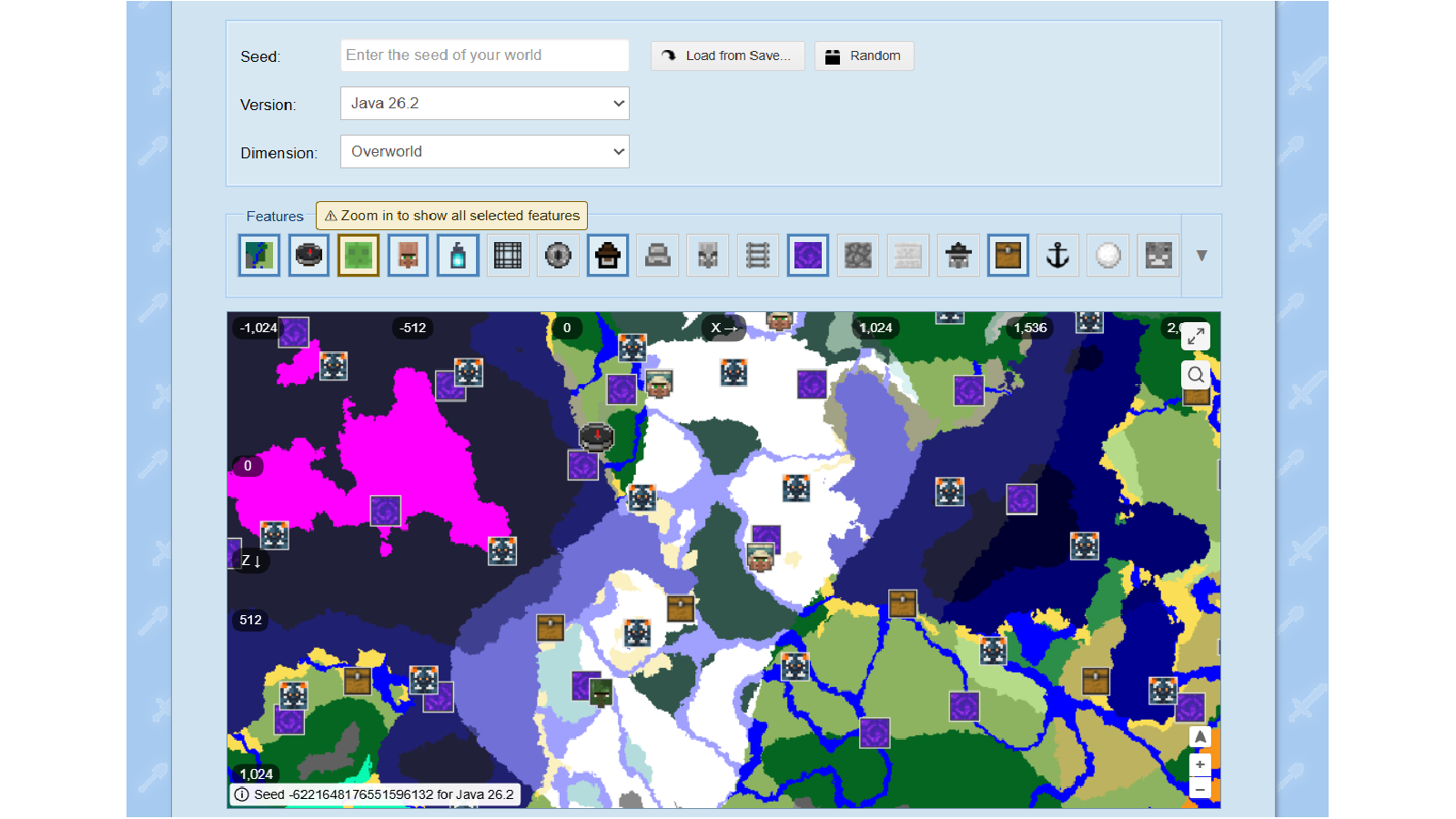 Interface de Seed Map Biomes Structures affichant une carte Minecraft avec les biomes et les structures générées à partir d’une seed. © Chunk Base