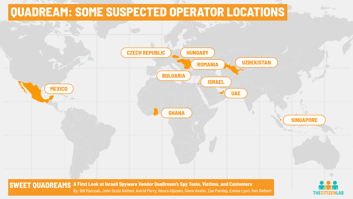 Emplacements suspects des opérateurs QuaDream © CitizenLab