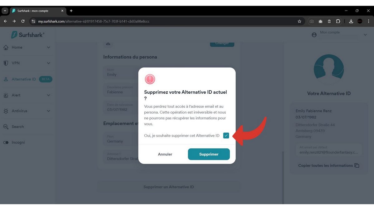 Confirmez la suppression définitive de votre identité alternative © Clubic