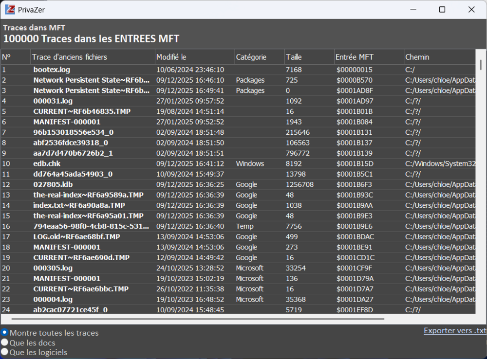PrivaZer - Le détail des traces à effacer. © Clubic