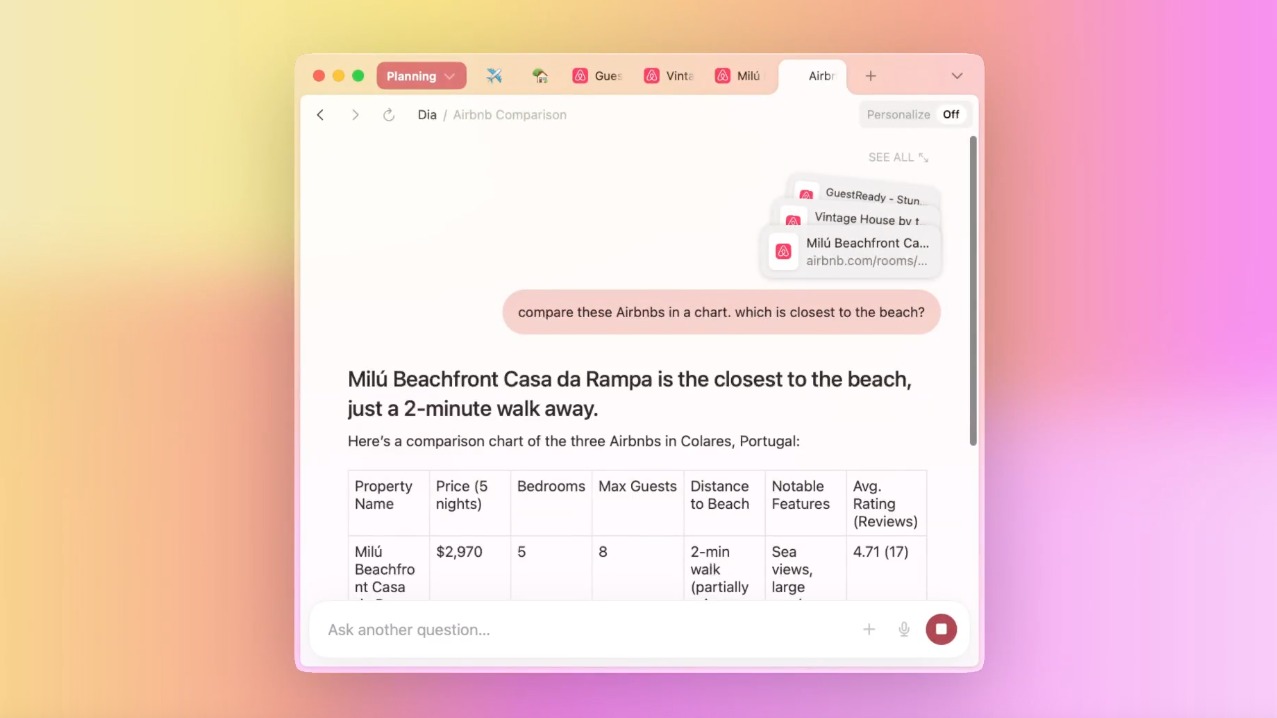 Dia peut converser avec vous et contextualiser vos requêtes avec les onglets ouverts dans le navigateur. © The Browser Company