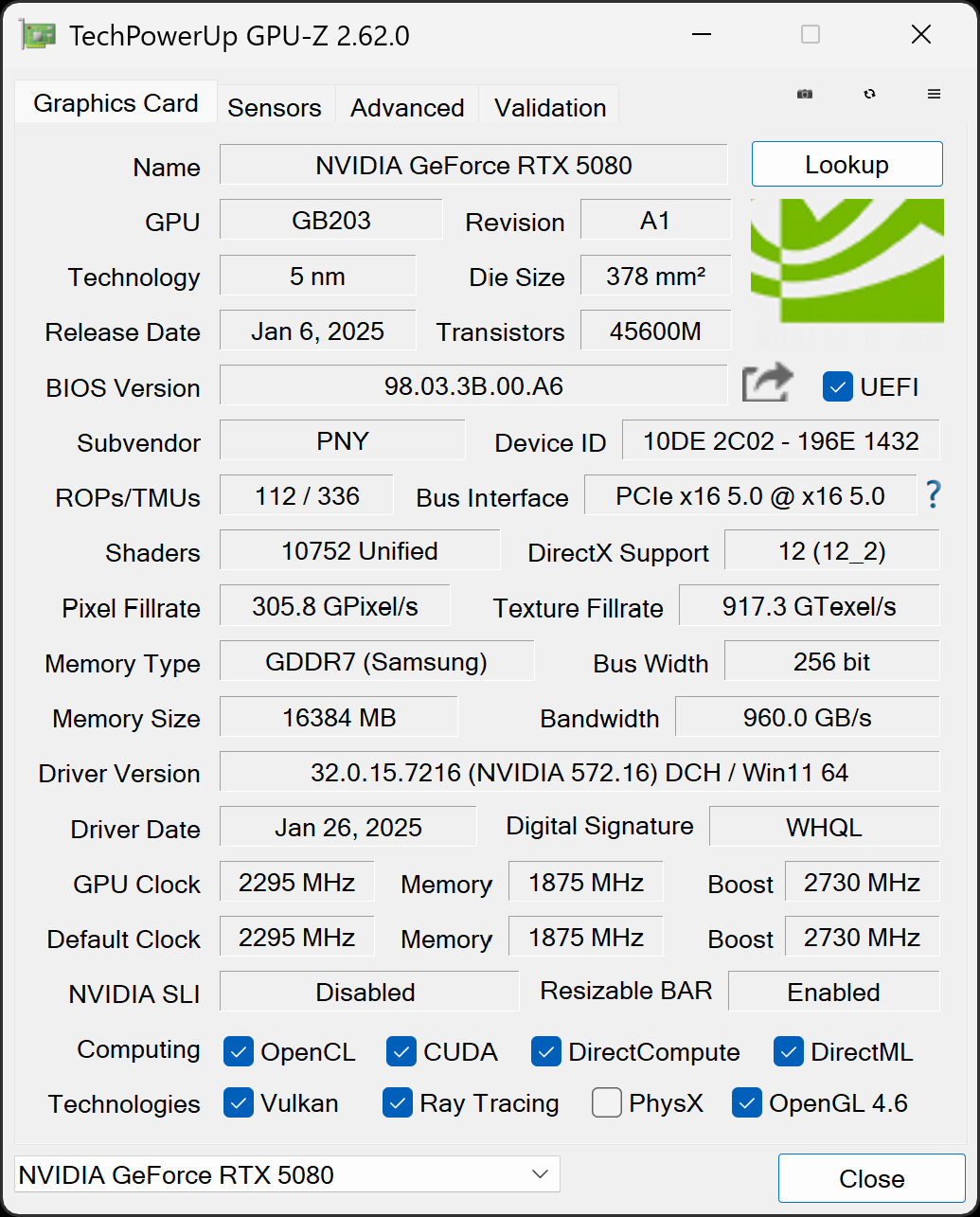 La PNY RTX 5080 OC 16GB vue par GPU-Z. ©Nerces pour Clubic