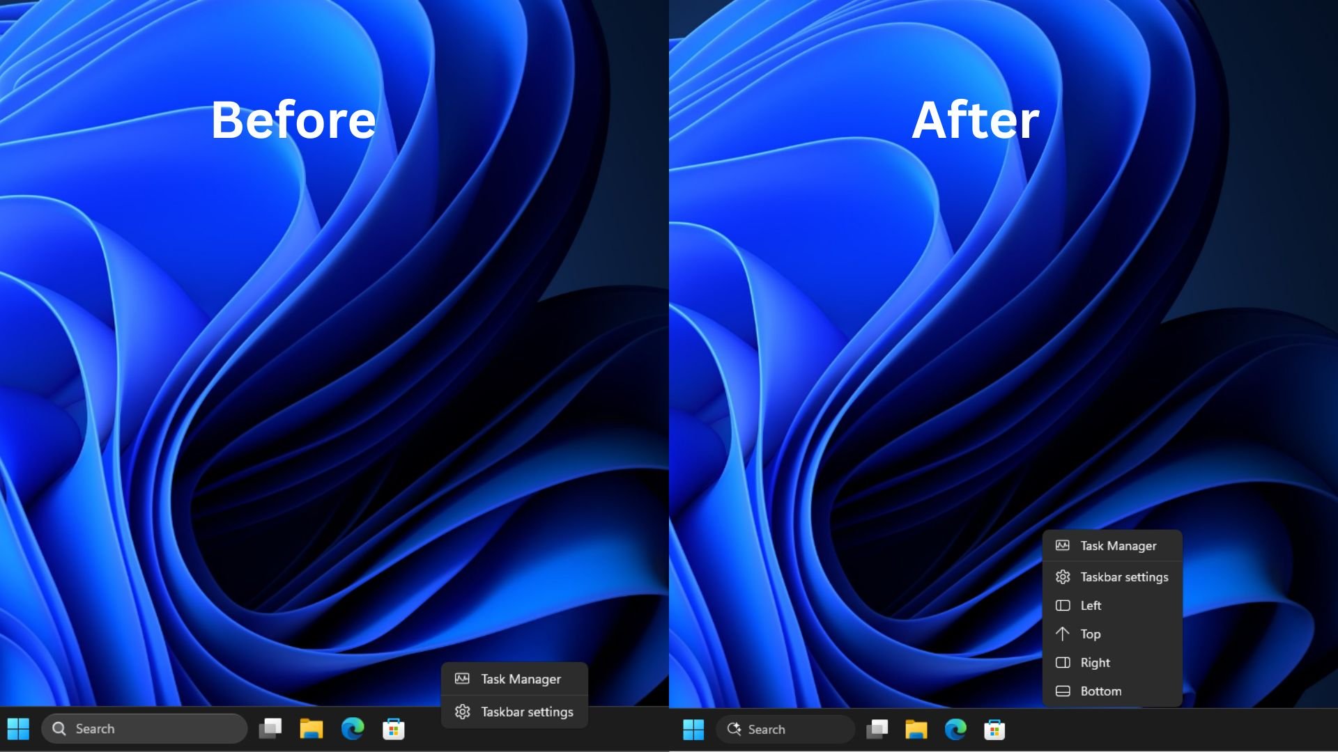 Toujours pas de glisser-déposer à l'horizon, mais il sera bientôt possible de déplacer la barre des tâches depuis le menu du clic droit. © Windows Latest
