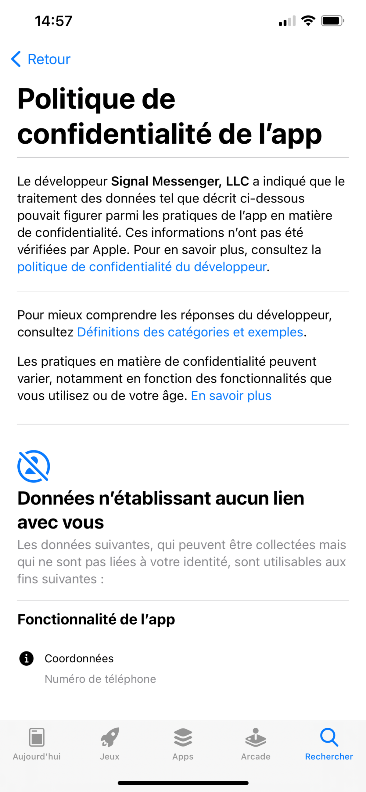 La politique de confidentialité de Signal. Capture d'écran App Store