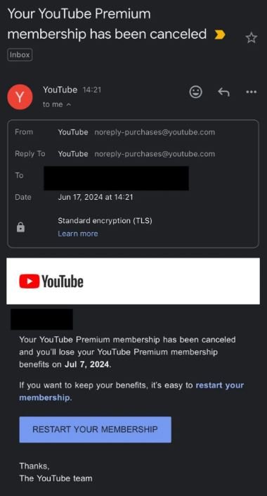 Certains abonnés YouTube Premium ont vu leur abonnement annulé, sans aucune action de leur part © Reddit