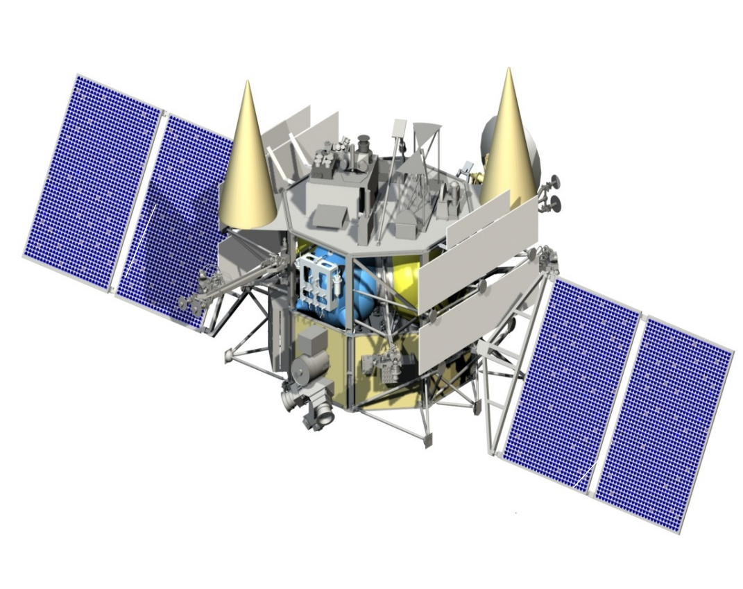 Vue d'artiste de la mission Luna-26. L'orbiteur embarquera divers expériences, conçues en collaborations avec plusieurs pays, ainsi qu'une suite complète de cartographie lunaire. Crédits: Roscosmos