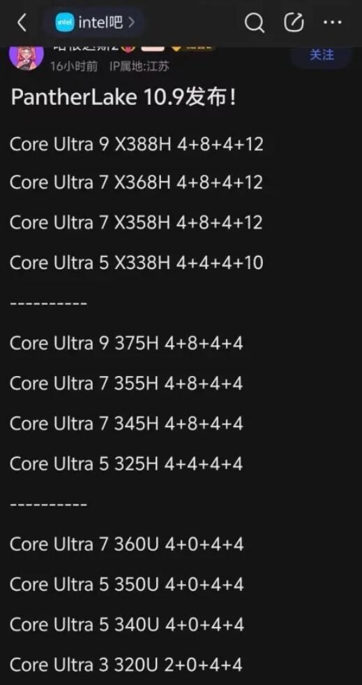 Pas moins de 12 puces Panther Lake sont pour l'heure prévues par Intel. ©Chiphell
