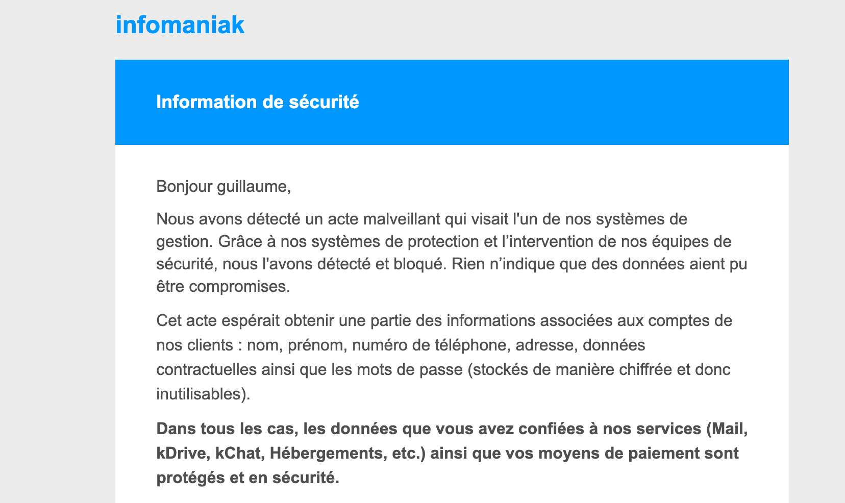 Le message envoyé par Infomaniak