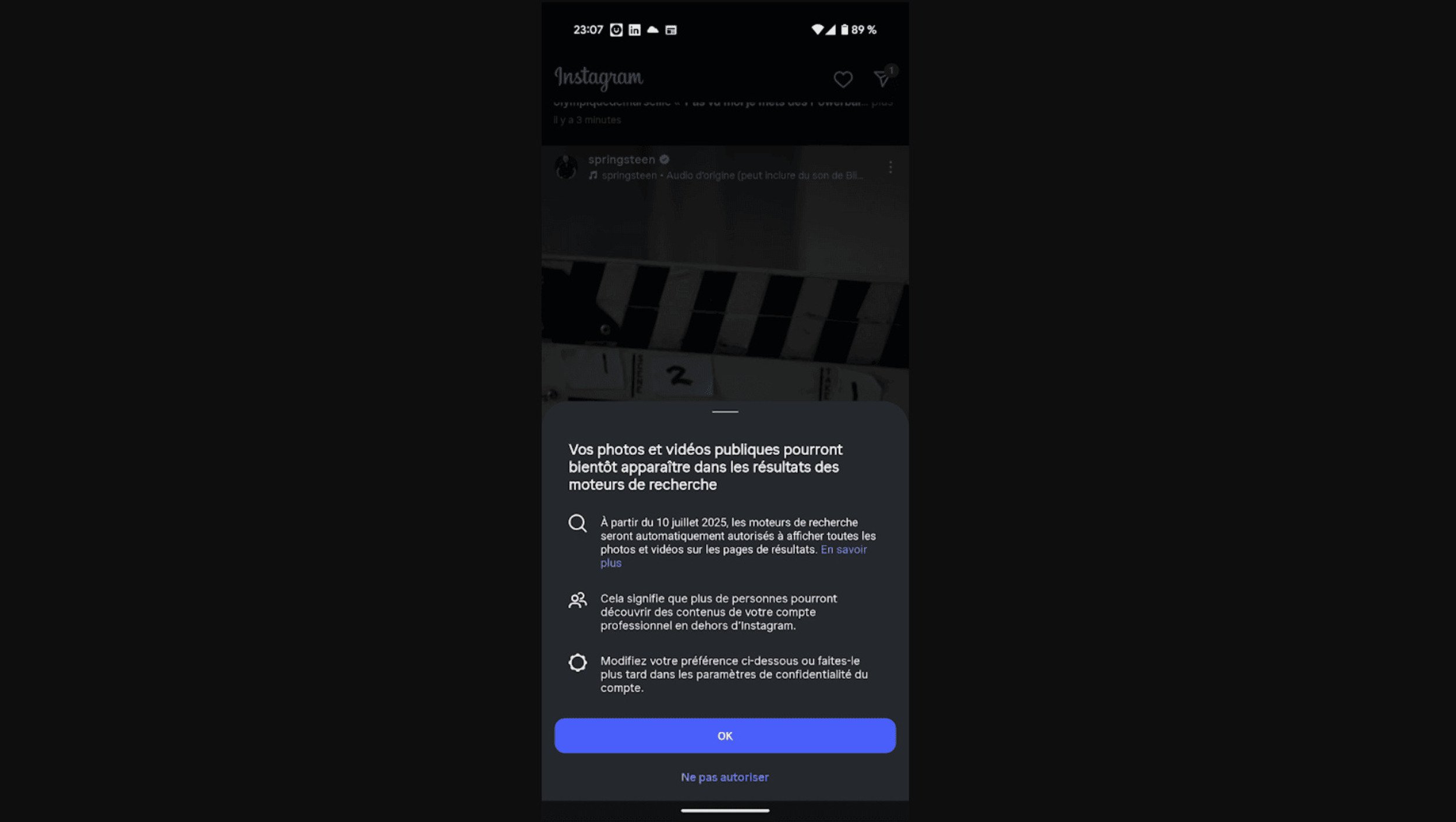 Voici le message affiché sur Instagram au sujet de l'apparition dans les résultats de recherche des photos et vidéos publiques Instagram © Clubic