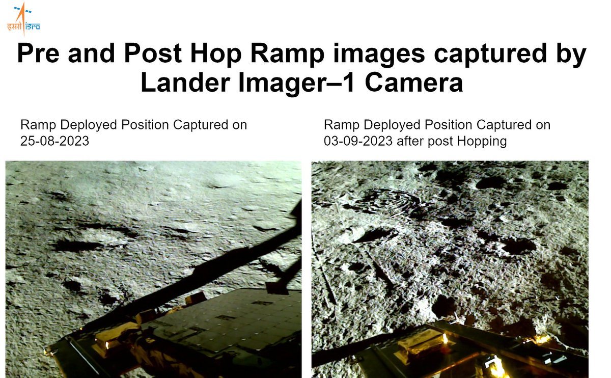 Les images avant et après le "saut" à la fin de la mission. Notez les traces du rover, à 40 centimètres environ du bas de la rampe © ISRO