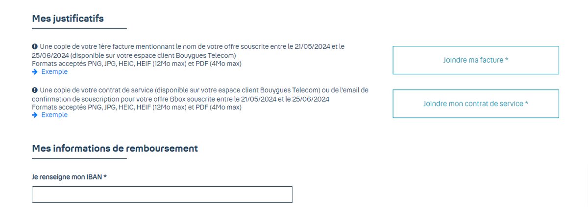 Les justificatifs réclamés par Bouygues Telecom pour valider sa demande de remboursement © Alexandre Boero / Clubic