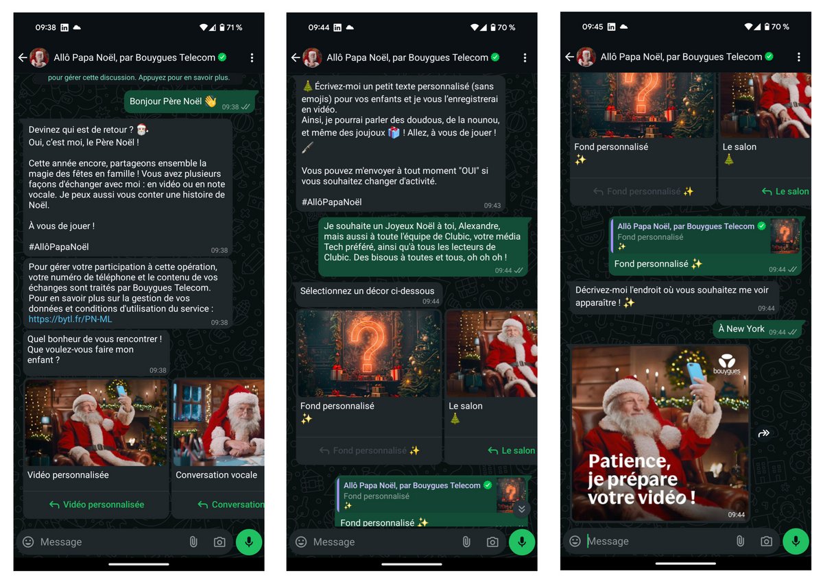 Un extrait de l'échange avec le Père Noël de Bouygues Telecom sur WhatsApp © Alexandre Boero / Clubic