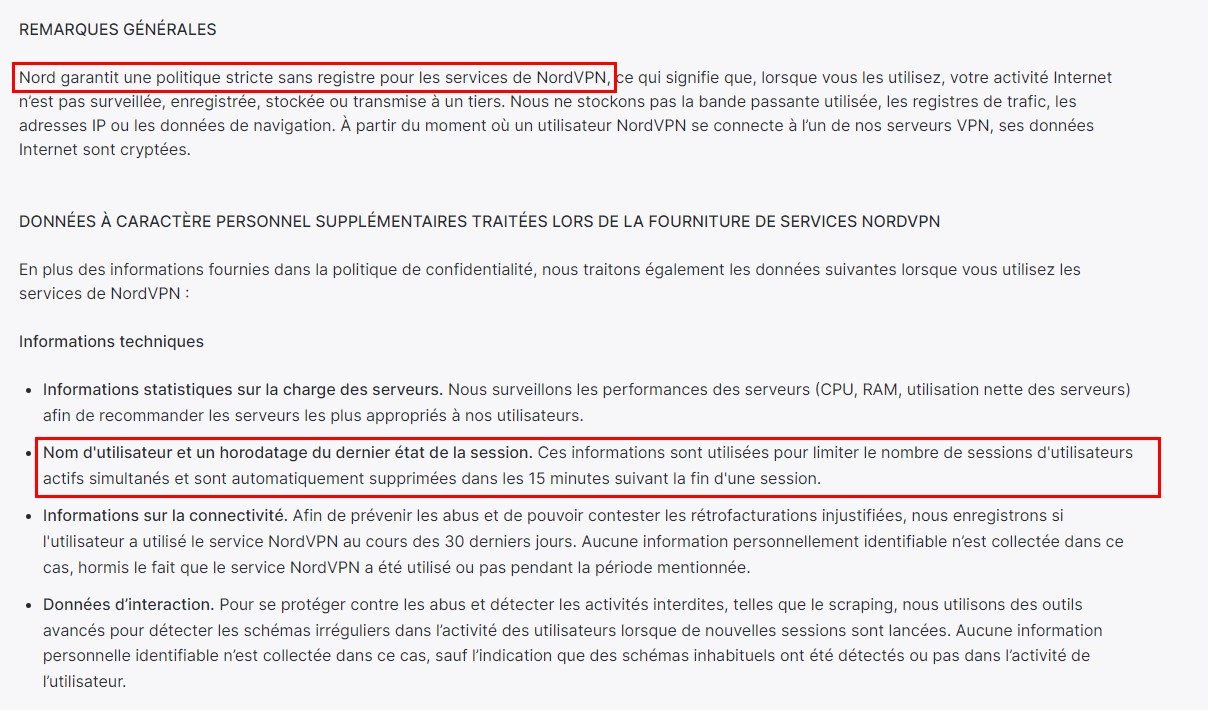 Extrait de la politique de confidentialité de NordVPN (2024), service no log... qui enregistre quand même des logs.