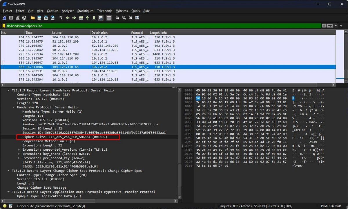 Un doute sur le chiffrement utilisé ? Un rapide passage par Wireshark, et la techno est confirmée