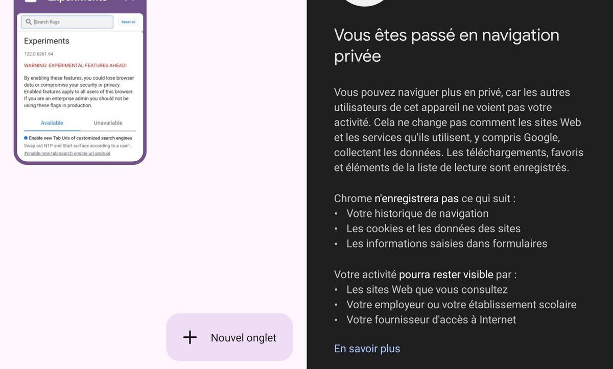 Le nouveau bouton de nouvel onglet sur Android en pleine action à gauche, et la nouvelle page du mode incognito à droite © Captures d'écrans Clubic.com