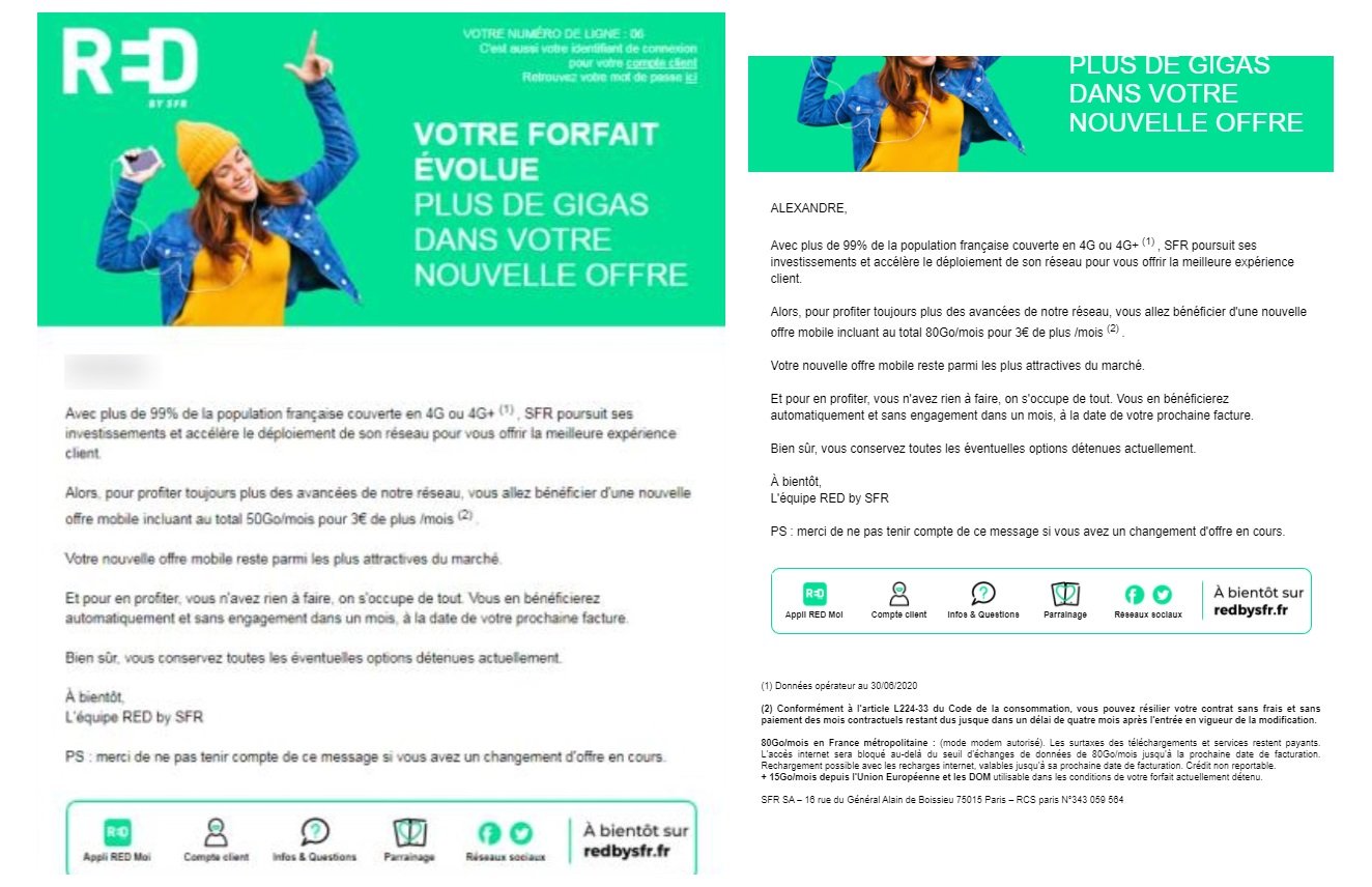 Deux exemples de mails envoyés aux clients : ils sont strictement identiques, si ce n'est que l'enveloppe data change, en fonction du total de Go souscrit lors de la signature
