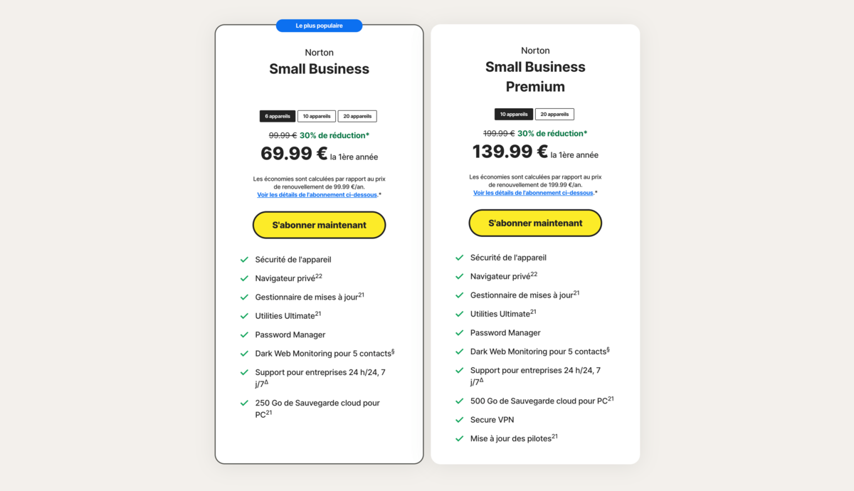 6, 10 ou 20 appareils pourront être équipés avec Norton Small Business, selon l'abonnement choisi. 