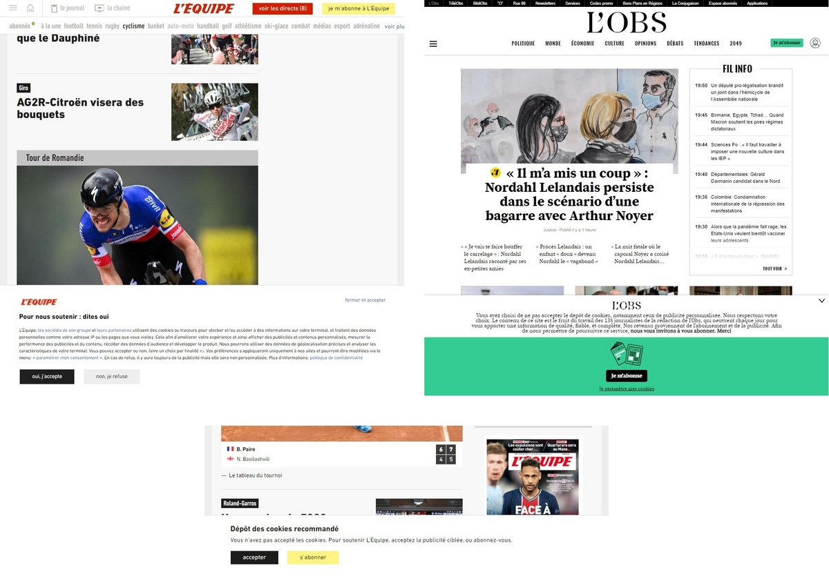 © Capture d'écran L'Équipe et L'Obs, avec des exemples du bandeau de rattrapage