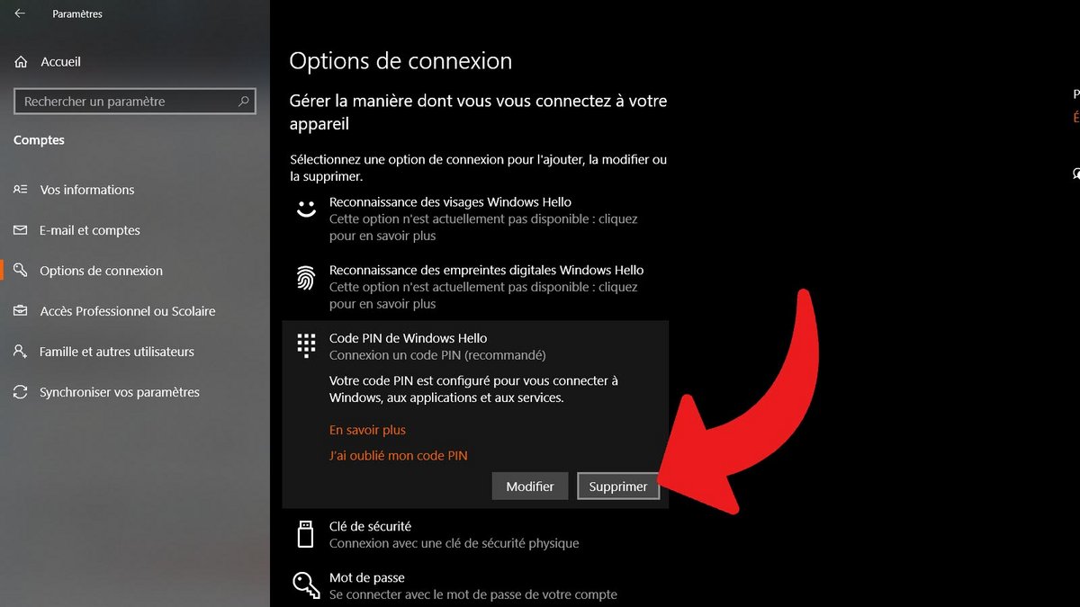 Windows 10 - Suppression d'une méthode d'authentification