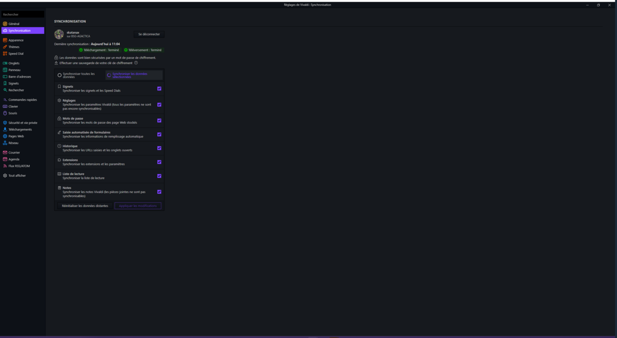 Vivaldi - Les options de synchronisation