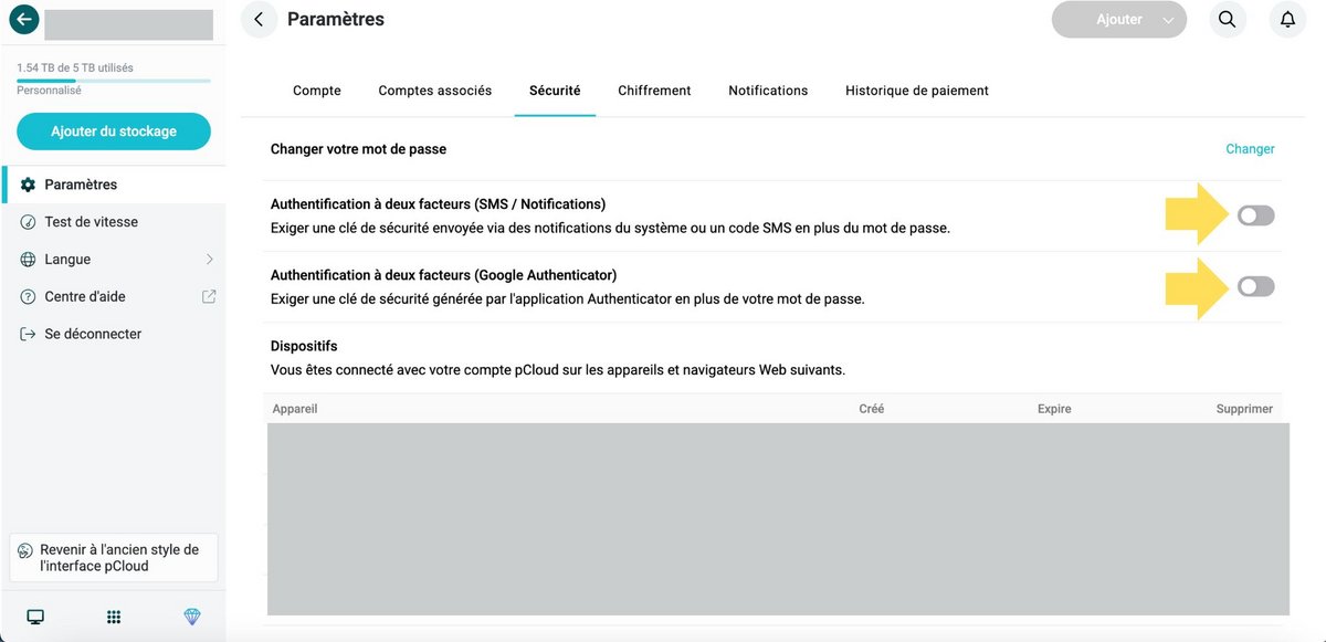 Activez l'authentification 2FA © pCloud