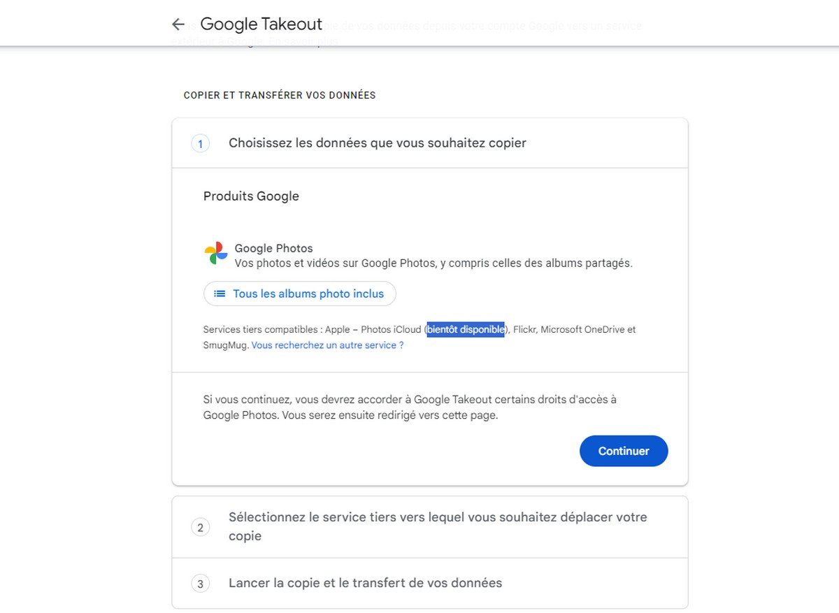 La page Google Takeout pour le transfert depuis Google Photos vers Photos iCloud. © Marc Zaffagni