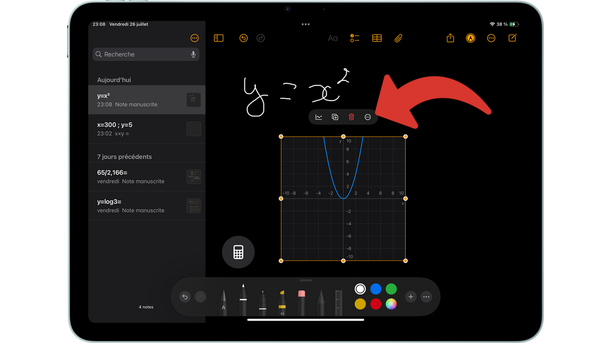 Accéder aux options du graphique Math Notes d'iPadOS 18 © Clubic