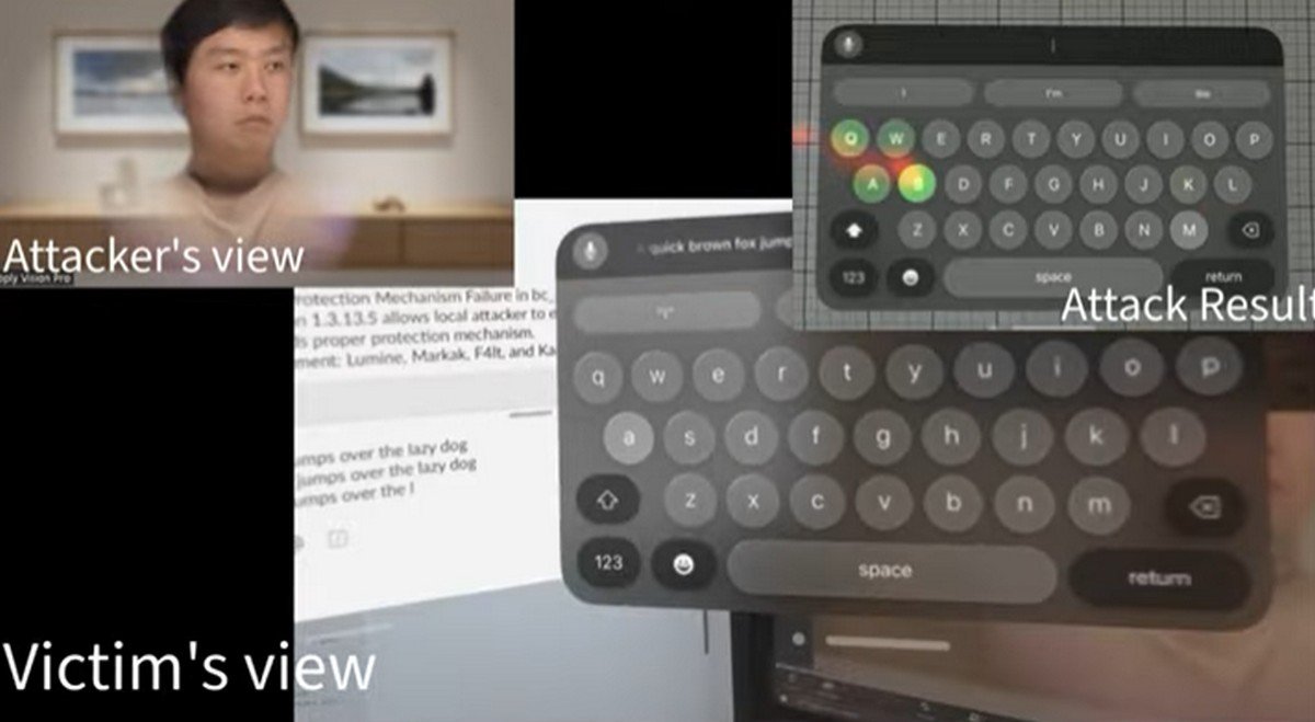 Capture d'écran de la vidéo de démonstration de GAZEploit. En haut à gauche, l'avatar créé par le Vision Pro lors d'un appel vidéo. L'algorithme analyse les mouvements du regard pour déterminer les touches du clavier qui sont regardées. © Gazeploit