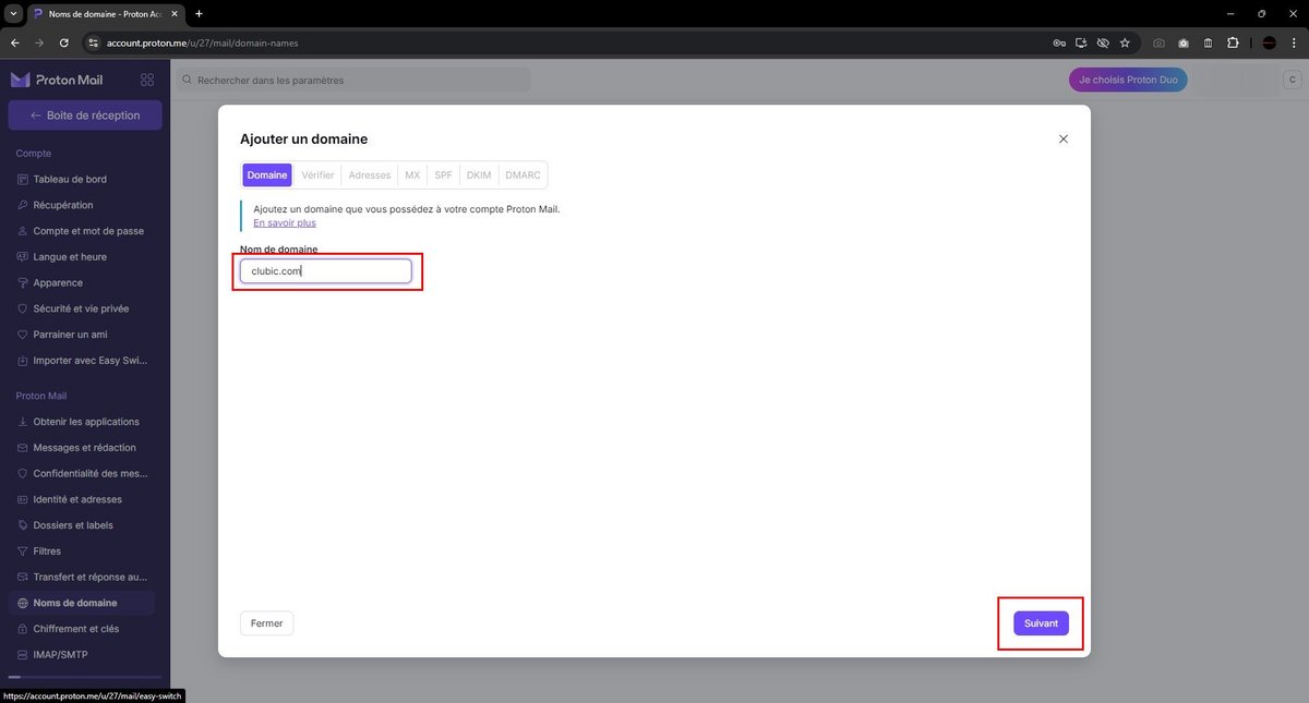 Renseignez votre domaine personnalisé à héberger sur Proton Mail © Clubic