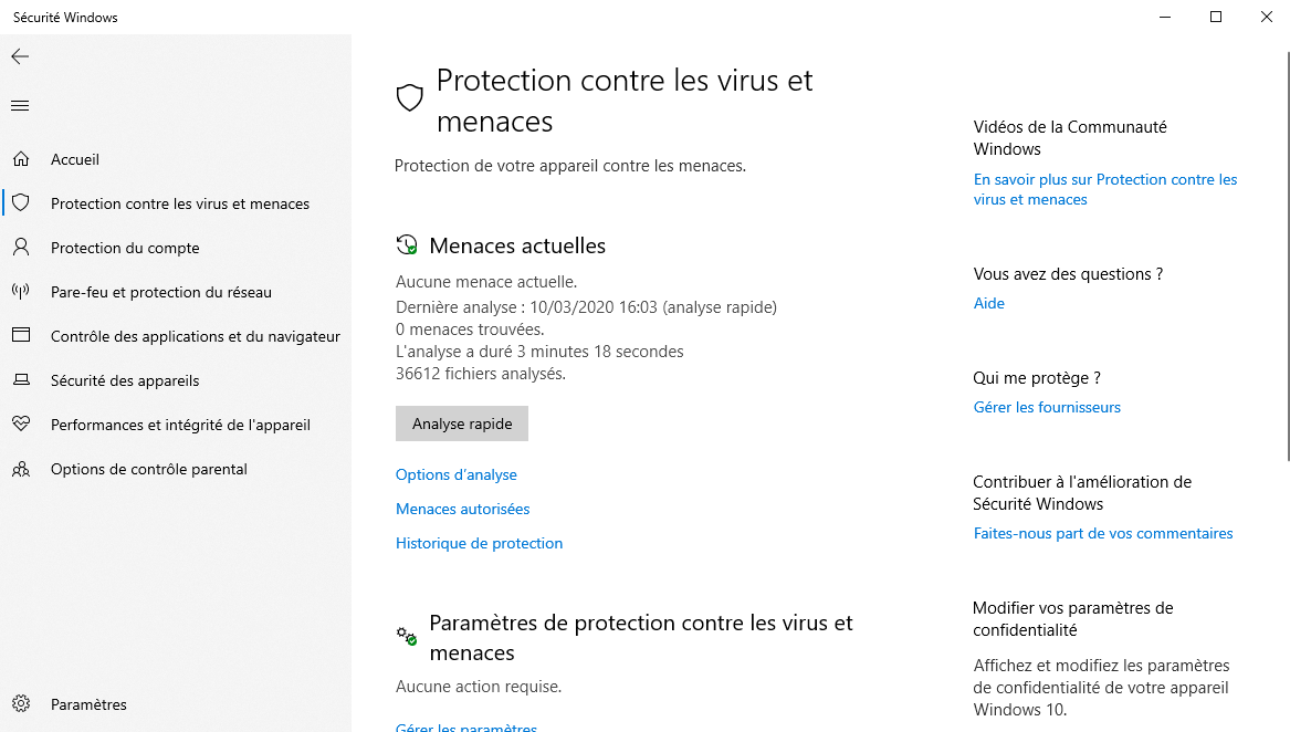 L'interface de Windows Defender sous Windows 10