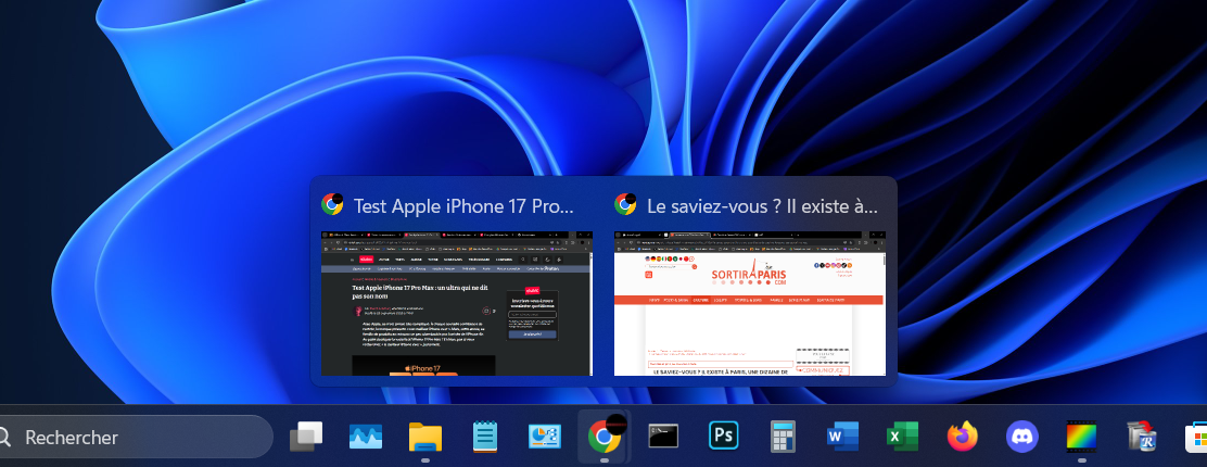Si plusieurs fenêtres d'une même appli sont ouvertes, vous accédez normalement à des vignettes de prévisualisation. © Clubic