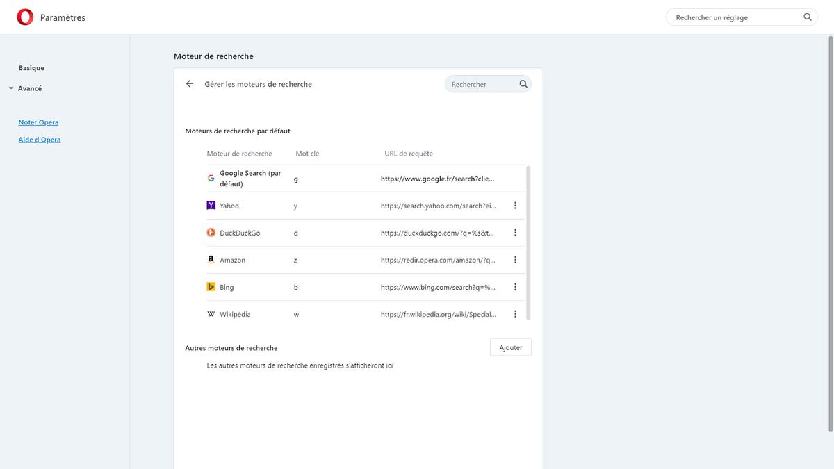 Opera propose par défaut six moteurs de recherche.