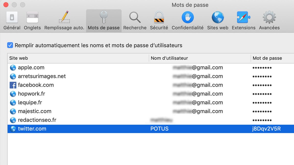 Safari - Liste des mots de passe enregistrés