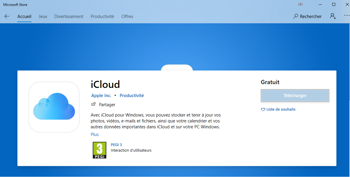 iCloud - Téléchargement de l'app dans Microsoft Store